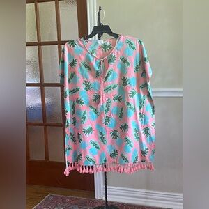 JCREW Pink and Green Leaf Print Tunic with Tassels